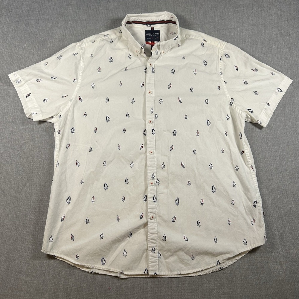 Denim & Flower Ricky Singh Mens XL Slim Fit Sailboat Nautical Short Sleeve Shirt